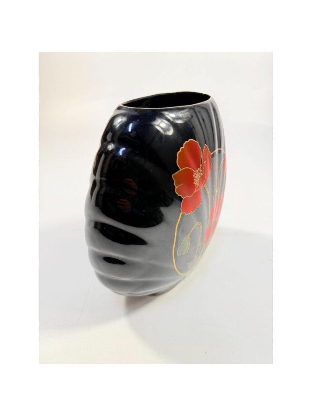 Oriental Vase Black Gloss Porcelain Red Poppies Flowers Poppy Fine China Japan 8 - Picture 7 of 16